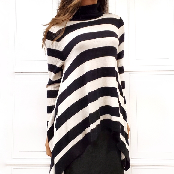 INC Cashmere Wool Striped Handkerchief Knit Top Large Petite LP Cozy Black White - Picture 2 of 11